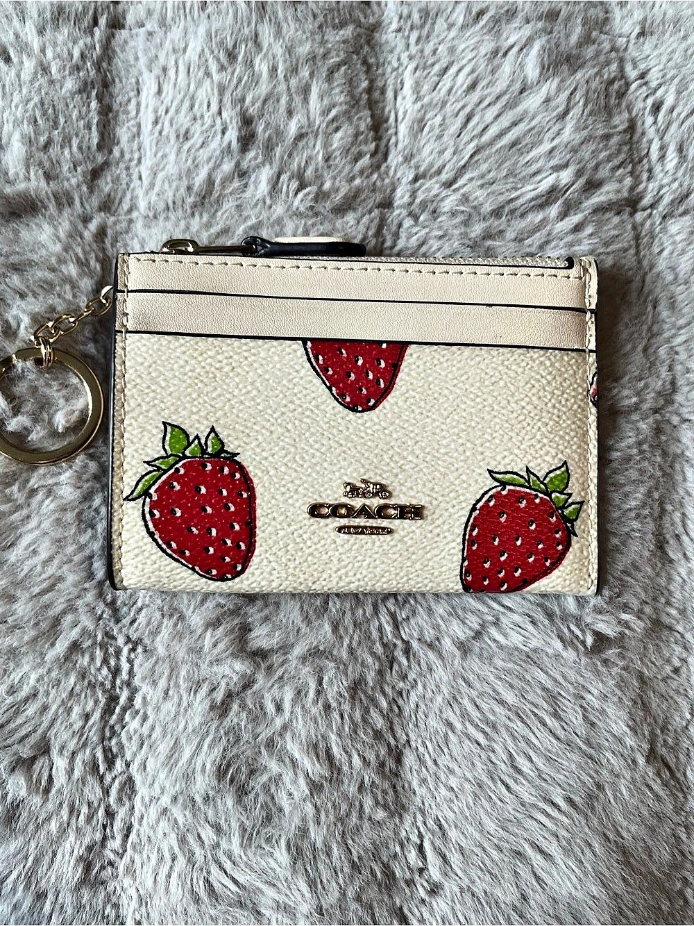 Coach Mini Skinny ID Case With Strawberry Print in White & Red